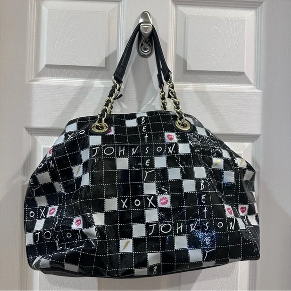 Black and White Scrabble Board Checkered Tote Bag Betsy Johnson - Picture 7 of 8